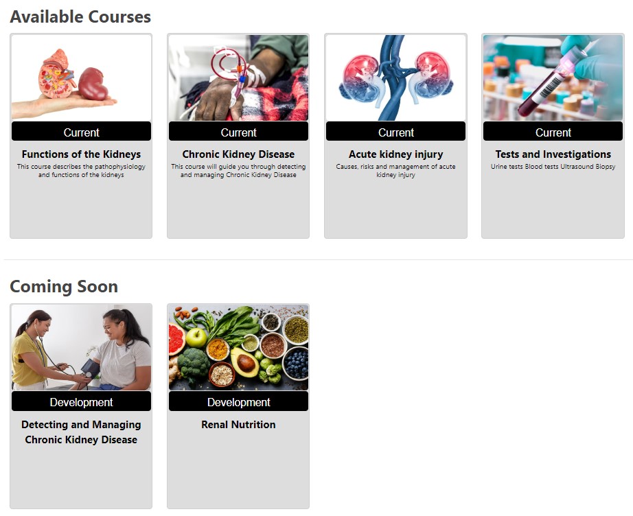 Screenshot of the Renal Education Moodle homepage